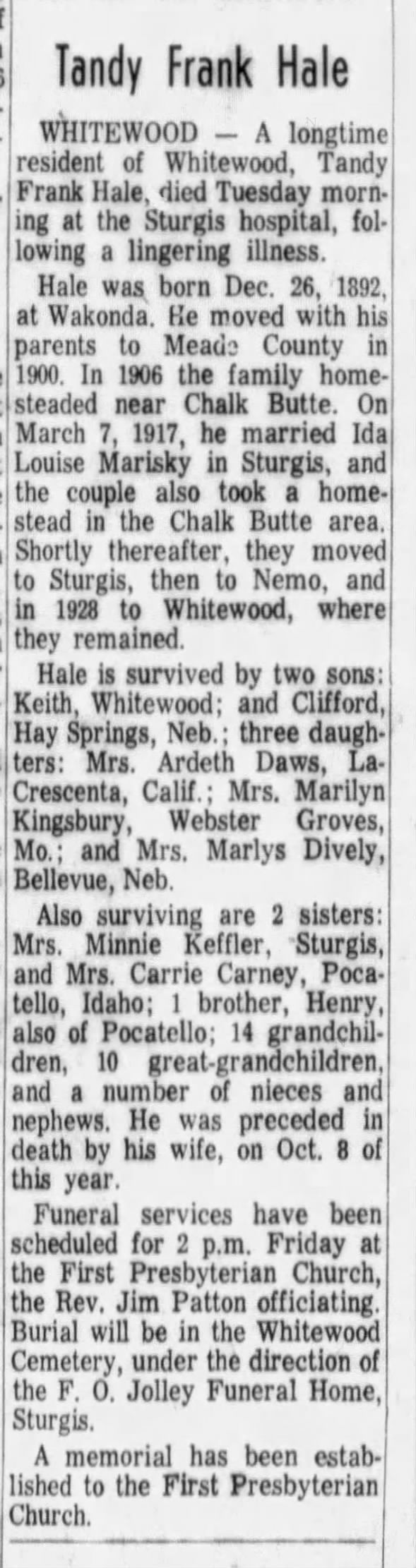 Son of Tandy Hale and Laura Belle Whitaker Hale